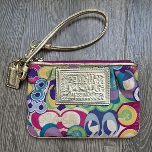 Coach Poppy Graffiti Wristlet Clutch Wallet Multi Colour With Gold Leather